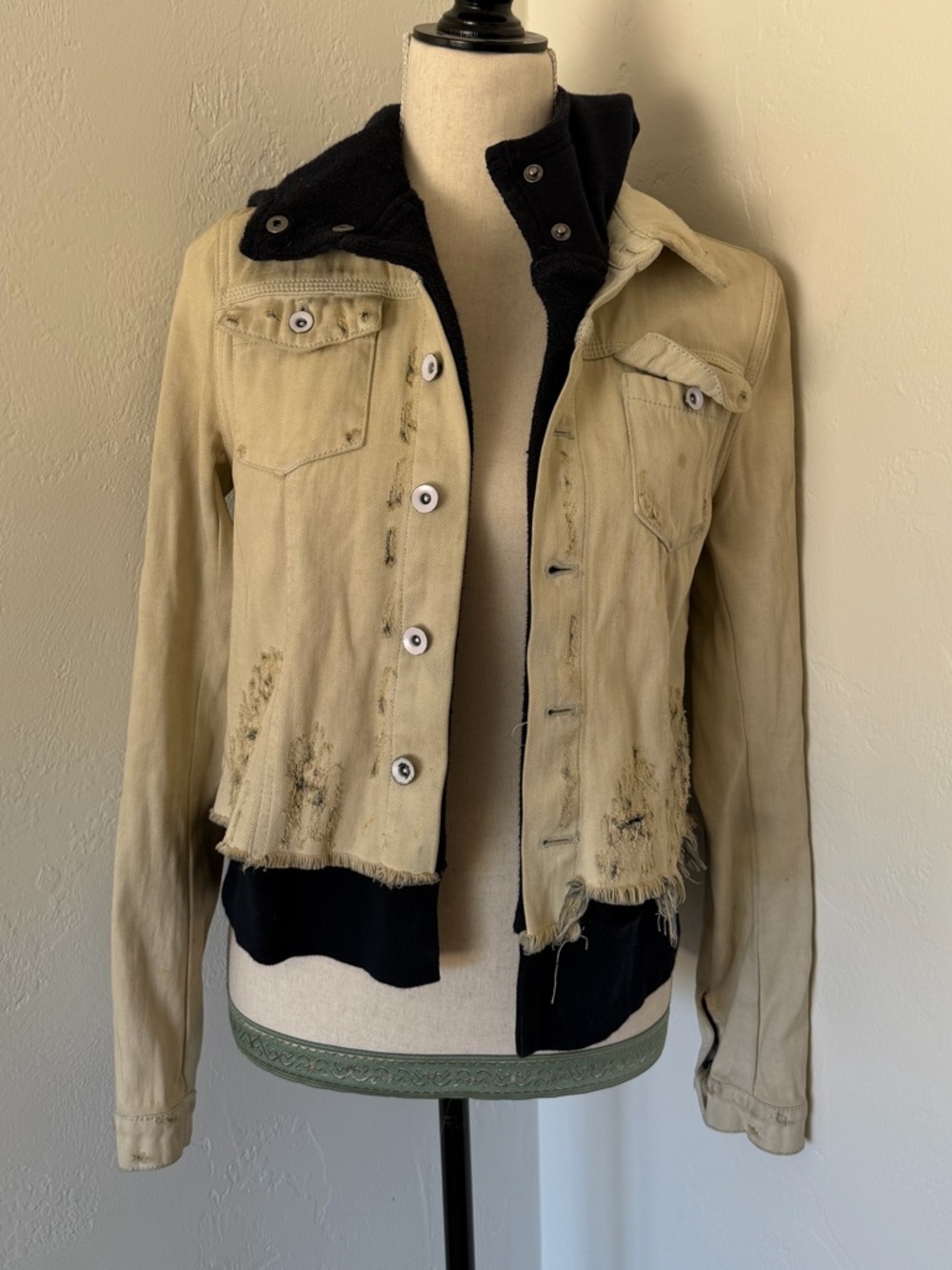 2015 Free People Distressed Grunge Double Denim Hooded Jacket [XS]